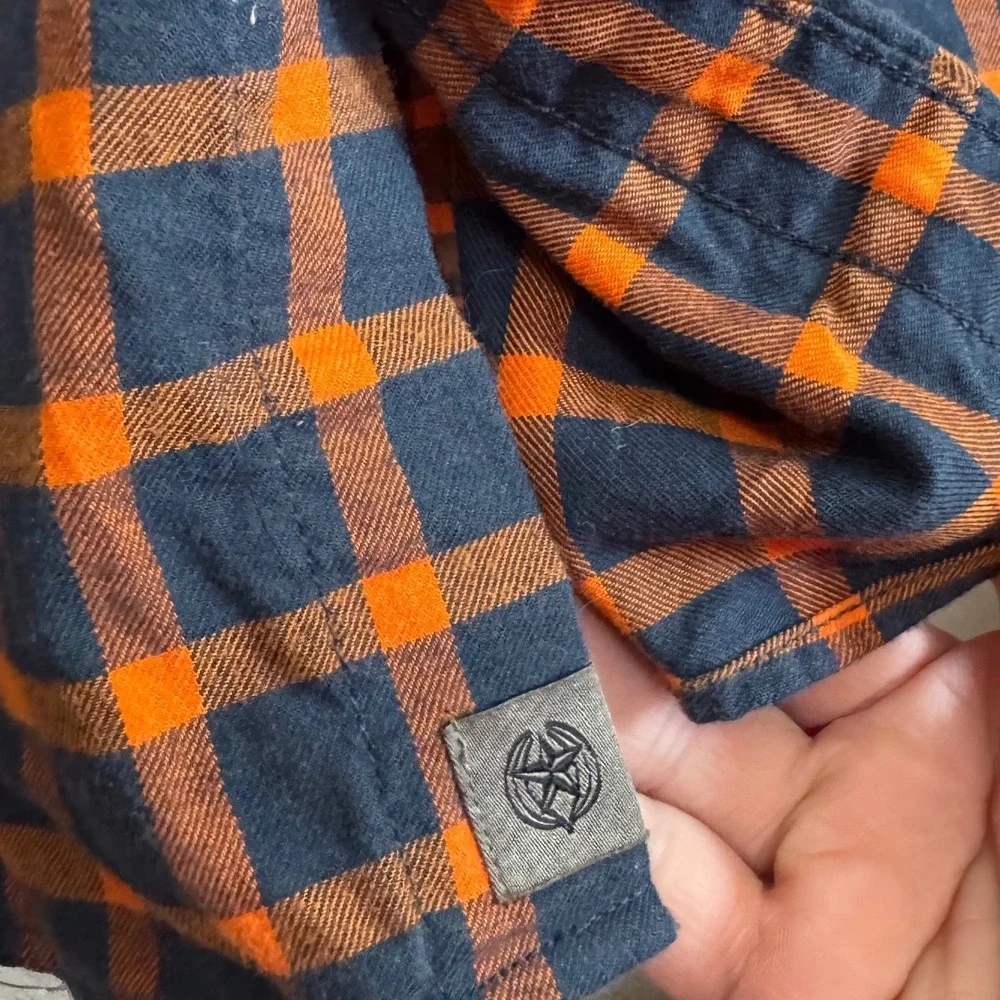 Banana Republic Luxe Flannel Shirt‎ Mens M Orange Navy Slim Fit Excellent Plaid